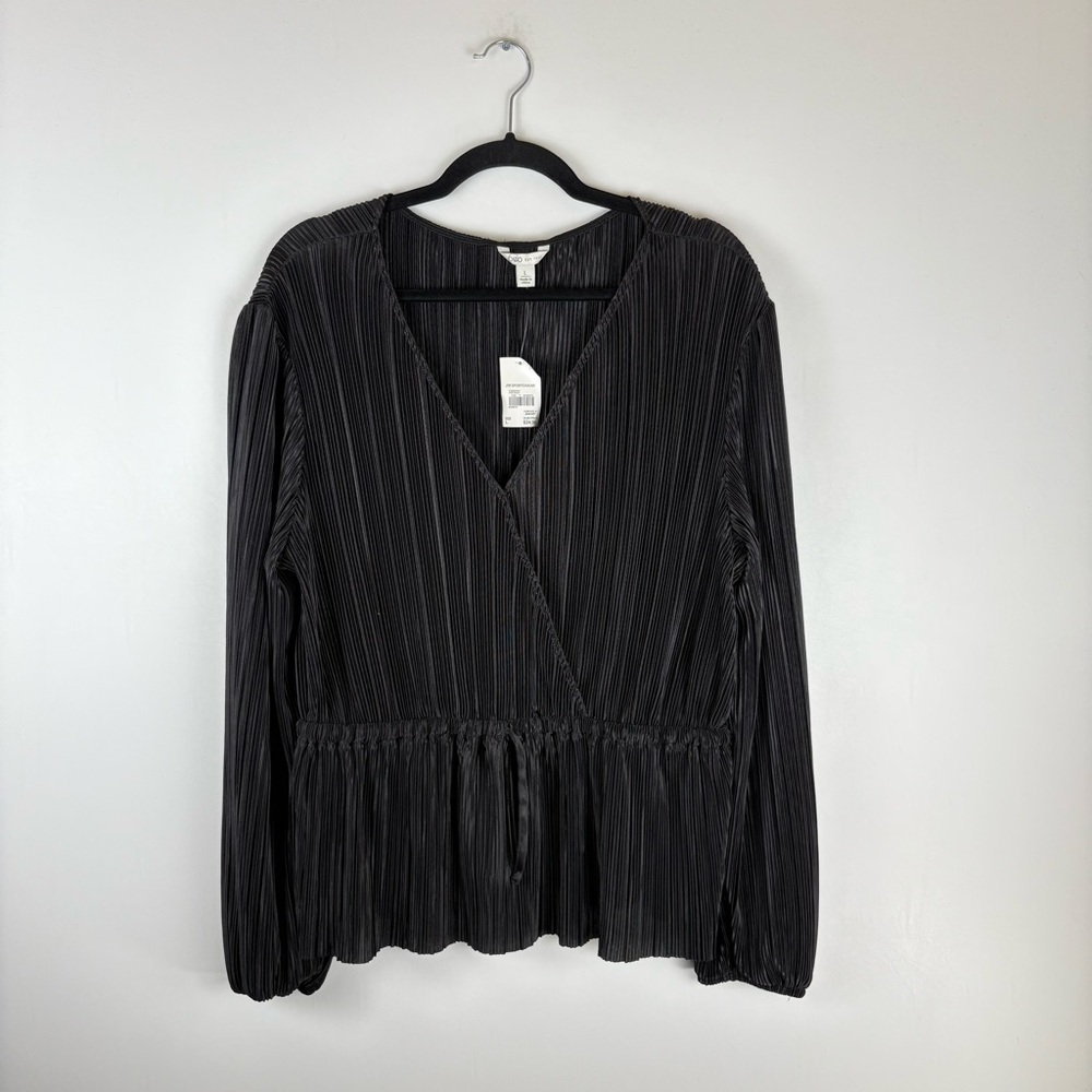 Cato Womens Large Wrap Top Blouse V Neck Ribbed Elastic Waist Drawstring Black